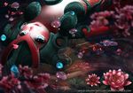  afloat bad_id bad_pixiv_id blue_eyes blurry blurry_foreground blush collarbone commentary depth_of_field flower koi_nami league_of_legends long_hair lying mermaid monster_girl nami_(league_of_legends) on_back parted_lips partially_submerged petals petals_on_liquid pink_flower red_hair saruei scales solo water watermark web_address 
