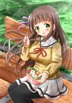  :d bangs bench black_legwear blouse blunt_bangs breasts brown_hair buttons chopsticks commentary_request day gochuumon_wa_usagi_desu_ka? grass green_eyes highres holding hoto_cocoa's_school_uniform large_breasts long_hair long_sleeves looking_at_viewer obentou open_mouth outdoors pantyhose pleated_skirt sailor_collar school_uniform serafuku skirt smile solo ujimatsu_chiya white_sailor_collar white_skirt yellow_blouse zenon_(for_achieve) 