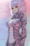  bad_id bad_pixiv_id bangs breasts commentary_request eyebrows_visible_through_hair joints large_breasts looking_at_viewer navel orange_eyes original parted_lips purple_hair robot short_hair smile solo standing upper_body zakusi 