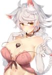  animal_ears babydoll bare_shoulders bell bell_collar between_breasts braid breasts cat_ears cleavage collar elbow_gloves gloves jingle_bell kantai_collection kemonomimi_mode large_breasts long_hair looking_at_viewer navel silver_hair simple_background single_braid solo unryuu_(kantai_collection) upper_body very_long_hair white_background white_gloves yamaarashi yellow_eyes 