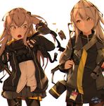  bangs black_gloves black_jacket black_legwear black_shirt blush brown_eyes brown_hair brown_legwear buckle bullet commentary crossed_bangs dress eyebrows_visible_through_hair fingerless_gloves girls_frontline gloves grey_hair gun h&amp;k_ump h&amp;k_ump40 h&amp;k_ump45 hair_between_eyes hair_ornament head_tilt heckler_&amp;_koch highres hood hooded_jacket id_card jacket long_hair long_shirt long_sleeves looking_at_another miniskirt multiple_girls one_side_up open_mouth pantyhose pleated_skirt pouch scar scar_across_eye shirt short_dress sidelocks signature simple_background skirt smile sonaworld star star-shaped_pupils strap submachine_gun suppressor symbol-shaped_pupils thigh_strap twintails ump40_(girls_frontline) ump45_(girls_frontline) walkie-talkie weapon white_background white_shirt yellow_eyes zipper 