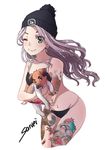  ;) animal animal_hug arm_tattoo artist_name bad_id bad_pixiv_id bangs bare_arms bare_shoulders beanie black_bra black_hat black_panties blush bra breasts closed_mouth collarbone dog earrings eyebrows_visible_through_hair green_eyes grey_hair hat jewelry leg_tattoo long_hair looking_at_viewer medium_breasts navel navel_piercing one_eye_closed panties parted_bangs piercing saruei simple_background smile solo suicide_girls tattoo underwear underwear_only v-shaped_eyebrows very_long_hair white_background 