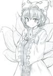  animal_ears cowboy_shot eyebrows_visible_through_hair fox_ears fox_tail frills graphite_(medium) greyscale hands_in_opposite_sleeves hat highres long_sleeves looking_at_viewer mahiro_(akino-suisen) mob_cap monochrome multiple_tails pillow_hat short_hair solo tabard tail tassel touhou traditional_media wide_sleeves yakumo_ran 