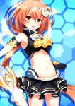  ahoge bangs bare_shoulders blue_eyes blush breasts eyebrows_visible_through_hair glowing hair_ornament highres kannuki_natsume long_hair looking_at_viewer medium_breasts navel orange_hair shironeko_haru skirt solo sword tokyo_clanpool weapon 