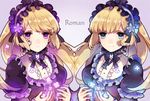  biskekun blonde_hair blue_eyes commentary_request copyright_name dress flower frills gothic_lolita headdress hortense lolita_fashion long_hair multiple_girls purple_eyes roman siblings smile sound_horizon twins violette 