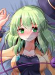  blush breasts close-up collarbone green_eyes green_hair hat hat_removed hat_ribbon headwear_removed heart heart-shaped_pupils highres komeiji_koishi looking_at_viewer lying medium_breasts medium_hair nervous on_back open_clothes open_shirt oshiaki ribbon shirt solo symbol-shaped_pupils third_eye touhou upper_body yellow_ribbon yellow_shirt 