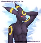  2018 abs abstract_background anthro black_body black_fur black_nose browniecomicwriter eeveelution fur half-length_portrait hand_behind_head male markings muscular muscular_male nintendo nude pecs pok&eacute;mon pok&eacute;mon_(species) portrait red_eyes signature simple_background solo umbreon video_games watermark yellow_markings 