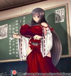  2018 ahoge alternate_breast_size bangs black_hair blunt_bangs breasts brown_eyes chalkboard classroom commentary_request commission covered_nipples deep_skin detached_sleeves eyebrows_visible_through_hair gohei hakama hip_vent huge_ahoge huge_breasts japanese_clothes kyosuke_fujiwara leotard_under_clothes long_hair looking_at_viewer m.u.g.e.n original puffy_nipples red_hakama sendai_hakurei_no_miko sideboob solo touhou twitter_username very_long_hair wide_sleeves 