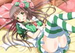  :d bow breasts brown_hair commentary_request dress frilled_dress frills gochuumon_wa_usagi_desu_ka? green_bow green_dress green_eyes hair_bow large_breasts long_hair looking_at_viewer lying on_back on_bed open_mouth panties pantyshot pantyshot_(lying) puffy_short_sleeves puffy_sleeves short_sleeves smile solo striped striped_legwear thighhighs ujimatsu_chiya underwear upskirt white_panties zenon_(for_achieve) 