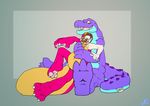  2016 3_toes 4_fingers 5_fingers alligator anthro brown_hair chompy_the_plush_gator claws crocodilian digital_drawing_(artwork) digital_media_(artwork) duo eyewear feet glasses hair hi_res human living_plush male mammal nix_darkhart nude open_mouth plushie reptile rip_k scalie teeth toe_claws toes transformation yellow_eyes 