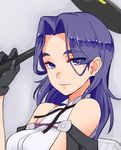  black_capelet capelet close-up eyebrows_visible_through_hair hair_between_eyes hair_intakes kantai_collection mechanical_halo medium_hair mole mole_under_eye polearm purple_eyes purple_hair remodel_(kantai_collection) smile solo tatsuta_(kantai_collection) thick_eyebrows tsurugi_muda upper_body weapon 