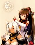  adjusting_another's_hair between_breasts book breasts brown_hair cape cherry_blossoms cleavage dark_skin detached_sleeves flower hair_between_eyes hair_flower hair_ornament highres kantai_collection large_breasts long_hair looking_at_viewer mouth_hold multiple_girls musashi_(kantai_collection) official_art ponytail red_eyes shimakaze_(kantai_collection) shizuma_yoshinori short_hair_with_long_locks skirt very_long_hair waifu2x white_hair yamato_(kantai_collection) 
