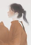  black_hair brown_eyes commentary_request grey_background long_sleeves matayoshi messy_hair original parted_lips ponytail profile simple_background solo upper_body 