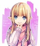  blonde_hair blue_eyes final_fantasy final_fantasy_xiv hand_on_own_face lalafell long_hair pink_scarf pink_sweater pointy_ears scarf shiraume_(hakubaian) smile solo sweater upper_body 