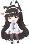  :3 :d absurdres ahoge bailingxiao_jiu bangs black_legwear blush bow brown_hair cape chibi closed_eyes eyebrows_visible_through_hair facing_viewer fang flower full_body girls_frontline hair_flower hair_ornament hairband head_tilt heart highres kemonomimi_mode long_hair long_sleeves open_mouth pantyhose pleated_skirt qbz-95_(girls_frontline) shirt skirt sleeves_past_fingers sleeves_past_wrists smile solo standing v-shaped_eyebrows very_long_hair white_background white_bow white_cape white_flower white_hairband white_shirt white_skirt 