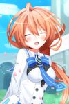  ahoge blush breasts closed_eyes highres kannuki_natsume long_hair medium_breasts orange_hair shironeko_haru smile solo tokyo_clanpool 