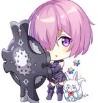  armor armored_boots armored_dress artist_name blush boots bow chibi creature dress fate/grand_order fate_(series) fou_(fate/grand_order) full_body hair_over_one_eye hitsukuya holding holding_shield looking_at_viewer lowres mash_kyrielight parted_lips pink_hair purple_dress purple_eyes purple_footwear purple_legwear red_bow saint_quartz shield simple_background sleeveless sleeveless_dress sparkle standing thighhighs white_background 