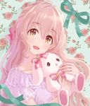  bow commentary_request flower hair_bow idolmaster idolmaster_cinderella_girls long_hair looking_at_viewer magako nail pink_bow pink_hair rose saionji_kotoka smile solo stuffed_animal stuffed_bunny stuffed_toy 