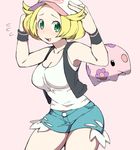  armpits artist_request bad_id bad_pixiv_id bare_shoulders baseball_cap bel_(pokemon) black_vest blonde_hair blue_shorts breasts cleavage collarbone cosplay cowboy_shot cutoffs denim denim_shorts emblem exposed_pocket flipped_hair floating floral_print flying_sweatdrops from_side gen_5_pokemon green_eyes hands_on_headwear hands_up hat large_breasts looking_at_viewer munna open_clothes open_mouth open_vest pink_background poke_ball_print pokemon pokemon_(creature) pokemon_(game) pokemon_bw raised_eyebrows short_hair short_shorts shorts simple_background size_difference smile standing tank_top thighs touko_(pokemon) touko_(pokemon)_(cosplay) vest white_hat white_tank_top wristband 
