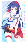  absurdres bangs black_ribbon blue_hair blue_neckwear bokura_wa_ima_no_naka_de breasts character_name cowboy_shot fingerless_gloves frills gloves hair_between_eyes hair_ribbon hairband hand_in_hair hand_on_own_thigh heart heart_cutout highres leg_garter long_hair looking_at_viewer love_live! love_live!_school_idol_project medium_breasts navel necktie plaid plaid_skirt red_gloves red_ribbon red_skirt ribbon scan shirahane_nao shirt skirt smile solo sonoda_umi striped striped_neckwear suspender_skirt suspenders white_shirt yellow_eyes 