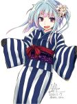  1girl :d bangs black_gloves blue_hair blue_kimono blush breasts dated fang flower gloves hair_flower hair_ornament hands_up i-19_(kantai_collection) japanese_clothes kantai_collection kimono long_hair long_sleeves looking_at_viewer medium_breasts multicolored_hair nmz_(namazu) obi one_side_up open_mouth pink_hair red_eyes sash signature simple_background smile solo standing striped striped_kimono twitter_username two-tone_hair v-shaped_eyebrows white_background white_flower wide_sleeves yukata 