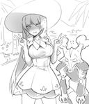  1girl alakazam bangs blunt_bangs braid breasts collared_dress cosplay dress gen_1_pokemon greyscale hat hizuki_akira large_breasts lillie_(pokemon) lillie_(pokemon)_(cosplay) long_hair monochrome natsume_(pokemon) pokemon pokemon_(game) pokemon_rgby pokemon_sm side_braids sun_hat twin_braids 