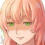  bangs closed_mouth commentary_request empty_eyes face green_eyes jinrui_wa_suitai_shimashita looking_at_viewer pink_hair portrait smile solo tunapon01 watashi_(jintai) 