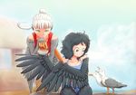  bare_shoulders bird black_eyes black_feathers black_hair black_wings blue_eyes claws corndog crowanon feathered_wings feathers food food_theft french_fries frown glaring grey_feathers grin harpy messy_hair monster_girl multiple_girls ocean original ponytail seagull smile swimsuit theft white_hair winged_arms wings 