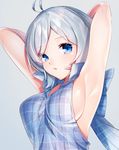  ahoge armpits arms_behind_head ayamori_mimi blue_eyes breasts cleavage dennou_shoujo_youtuber_shiro dress from_side highres looking_at_viewer medium_breasts plaid plaid_dress shiro_(dennou_shoujo_youtuber_shiro) short_hair sideboob sleeveless solo standing upper_body virtual_youtuber white_hair 
