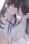  black_hair blouse blue_neckwear blue_ribbon brown_hair closed_eyes collared_shirt commentary_request dated eyelashes facing_another from_behind hair_ornament hairclip highres holding_hands imminent_kiss interlocked_fingers long_hair multiple_girls neck_ribbon original parted_lips ribbon saki_hajime shirt simple_background twitter_username upper_body white_background white_blouse white_shirt wing_collar yuri 