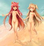  :d ahoge animal_ears bangs beach bikini blush breasts brown_bikini closed_eyes commentary_request copyright_request day eyebrows_visible_through_hair groin hair_between_eyes highleg highleg_bikini holding_hands horizon long_hair micro_bikini multiple_girls navel ocean open_mouth orange_bikini outdoors outstretched_arm pointy_ears red_eyes red_hair sand saruton side-tie_bikini sidelocks small_breasts smile swimsuit two_side_up very_long_hair walking water 