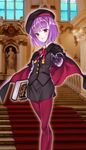  belt beret black_gloves book breasts commentary_request fate/grand_order fate_(series) flat_chest gloves hat helena_blavatsky_(fate/grand_order) highres looking_at_viewer maroon_legwear matsuryuu pantyhose purple_eyes purple_hair short_hair small_breasts smile solo 