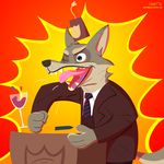  2016 alcohol anthro beverage canine clothed clothing fanartiguess fez green_eyes male mammal necktie one_eye_closed open_mouth sharp_teeth signature solo suit teeth tongue url wine wine_glass wolf 