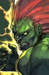  angry blanka clenched_teeth electricity fingernails green_skin hair_slicked_back hand_up hankuri long_hair looking_at_viewer male_focus muscle red_hair solo sparks street_fighter teeth upper_body yellow_eyes 
