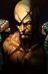  bald black_background closed_mouth eyepatch facing_viewer frown hands_up hankuri male_focus sagat scar simple_background solo street_fighter upper_body yellow_eyes 