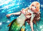  afloat aqua_eyes blonde_hair breasts curly_hair day esther fantasy game_cg jewelry large_breasts long_hair looking_at_viewer melusine_(memory_trees) memory_trees mermaid monster_girl navel necklace ocean paid_reward partially_submerged patreon_reward self_upload solo sunlight torn_clothes water 