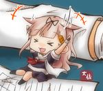  &gt;_&lt; 1boy 1girl :3 :d admiral_(kantai_collection) artist_name black_legwear black_ribbon blush chibi closed_eyes commentary_request facing_viewer hair_flaps hair_ornament hair_ribbon hairclip hands_up kantai_collection laughing minigirl motion_lines neckerchief nose_blush open_mouth paper purple_shirt purple_skirt red_neckwear remodel_(kantai_collection) ribbon rolling shirt short_sleeves signature skirt smile socks solo_focus taisa_(kari) yuudachi_(kantai_collection) 