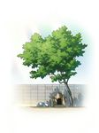  blue_sky commentary_request day dog doghouse highres no_humans original outdoors scenery sky sleeping solo tree under_tree wall 