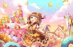  artist_request bangs blunt_bangs blush bow brown_eyes brown_hair cake cookie dress earrings food food_print frilled_dress frills hair_ornament hairband hairclip hat house idolmaster idolmaster_cinderella_girls idolmaster_cinderella_girls_starlight_stage jewelry kitami_yuzu lolita_fashion looking_at_viewer macaron mini_hat official_art one_eye_closed open_mouth orange_dress oversized_object pastry pinstripe_pattern ribbon short_hair sleeveless sleeveless_dress smile solo star striped vertical_stripes wrist_cuffs 
