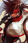  axe bangs black_gloves brown_hair capelet closed_mouth gloves grey_background guilty_gear hankuri headband holding holding_weapon long_hair male_focus order-sol ponytail red_eyes simple_background smile smirk sol_badguy solo upper_body very_long_hair weapon white_capelet 