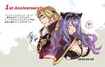  1girl absurdres anniversary artist_name bangs blonde_hair breasts camilla_(fire_emblem_if) capelet cleavage closed_eyes fire_emblem fire_emblem_heroes fire_emblem_if hair_ornament heart highres large_breasts long_hair looking_at_viewer maeshima_shigeki marks_(fire_emblem_if) official_art parted_lips purple_hair red_eyes short_hair signature simple_background smile upper_body 