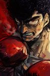  bandages black_hair boxing_gloves bruise clenched_teeth hajime_no_ippo hankuri injury male_focus red_background red_eyes sanpaku solo takamura_mamoru teeth upper_body 