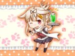  alternate_hairstyle artist_name black_ribbon black_serafuku black_skirt blonde_hair cherry chibi commentary_request cup drinking_glass drinking_straw folded_ponytail food fruit hair_flaps hair_ornament hair_ribbon hairclip holding kantai_collection long_hair neckerchief one_eye_closed open_mouth paw_print pleated_skirt red_eyes red_neckwear remodel_(kantai_collection) ribbon scarf school_uniform serafuku short_sleeves skirt smile solo taisa_(kari) tray white_scarf yuudachi_(kantai_collection) 