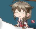  1girl :d admiral_(kantai_collection) artist_name black_gloves blush braid brown_hair chibi closed_eyes commentary_request fingerless_gloves gloves hair_flaps hair_ribbon kantai_collection minigirl necktie open_mouth puffy_short_sleeves puffy_sleeves red_neckwear remodel_(kantai_collection) ribbon shigure_(kantai_collection) short_sleeves signature smile solo_focus taisa_(kari) tress_ribbon 