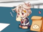  alternate_hairstyle artist_name black_ribbon black_skirt blonde_hair chibi commentary_request eating folded_ponytail food hair_flaps hair_ornament hair_ribbon hairclip holding holding_food kantai_collection long_hair minigirl neckerchief pleated_skirt red_eyes red_neckwear remodel_(kantai_collection) ribbon scarf short_sleeves sitting skirt solo taisa_(kari) wariza white_scarf yuudachi_(kantai_collection) 