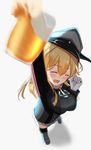  anchor_hair_ornament arm_up bangs beer_mug blonde_hair blush breasts clenched_hand closed_eyes commentary_request cup eyebrows_visible_through_hair from_above gloves grey_background hair_between_eyes hair_ornament hand_up happy hat highres holding holding_cup kamome_donburi kantai_collection large_breasts long_hair looking_at_viewer low_twintails microskirt military military_uniform mug open_mouth peaked_cap prinz_eugen_(kantai_collection) sidelocks simple_background skirt smile solo standing thighhighs twintails uniform white_gloves 