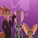  2016 anthro brown_eyes buckteeth canine clothed clothing dipstick_ears disney fanartiguess female fennec finnick fox green_eyes group hand_in_pocket judy_hopps lagomorph looking_at_viewer male mammal neck_tuft nick_wilde purple_eyes rabbit signature teeth tuft url zootopia 