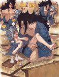  1girl abs barefoot black_hair blue_hair blush bottle breasts cleavage commentary couple drunk eye_contact fairy_tail feet gajeel_redfox hetero highres imminent_sex japanese_clothes kimono levy_mcgarden looking_at_another medium_breasts muscle piercing rusky sake_bottle sequential smile soles undressing 