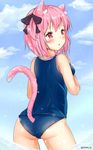  animal_ears ass back bare_legs blue_sky breasts cat_ears chestnut_mouth cloud day hair_ribbon mony old_school_swimsuit one-piece_swimsuit original pink_eyes pink_hair ribbon school_swimsuit sideboob sky small_breasts solo swimsuit tail tail_through_clothes twitter_username water watermark 