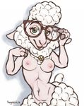  2016 anthro bell_collar breasts caprine chewycuticle clothing collar dawn_bellwether digital_media_(artwork) disney eyelashes eyewear female glasses green_eyes hi_res looking_at_viewer mammal navel neck_tuft nipples sheep short_stack simple_background solo tuft underwear white_background zootopia 